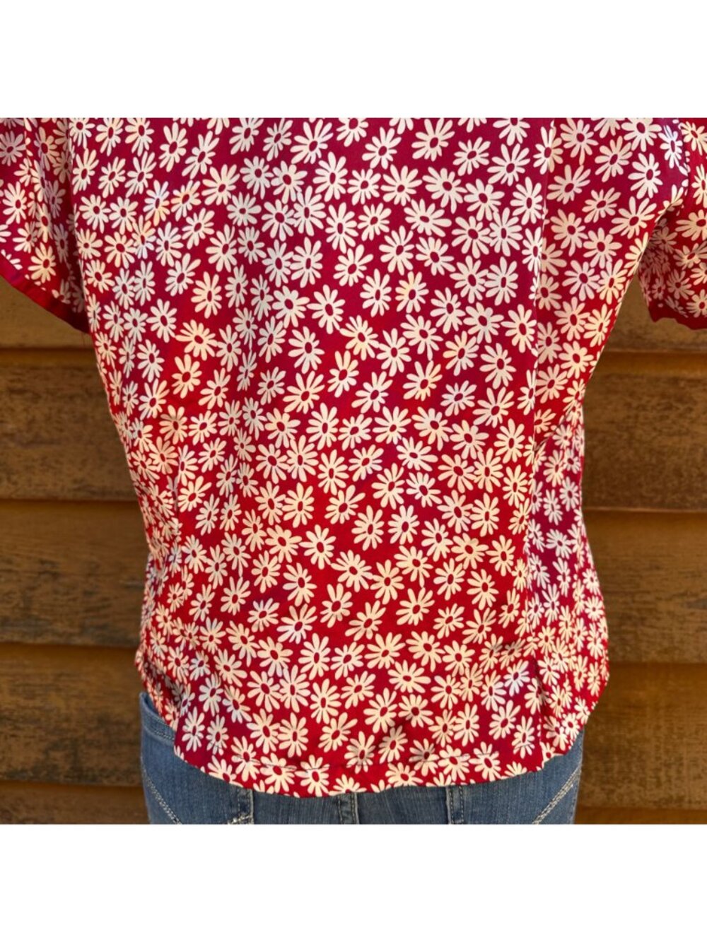 Vintage E-Sleep Red & White Daisy Print Button-Up Pajama Top 90s Medium - Picture 9 of 10